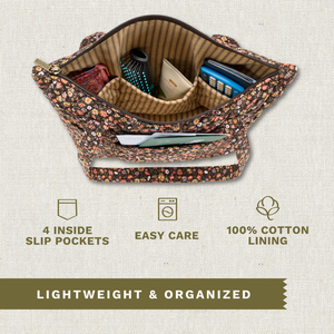 Open top-down view revealing interior with 4 inside pockets. Callouts highlighting 6 outside pockets and machine washable design.