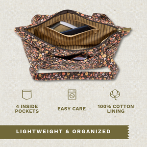 Open top-down view revealing interior with 4 inside pockets, callouts highlighting top zip closure and machine washable design.