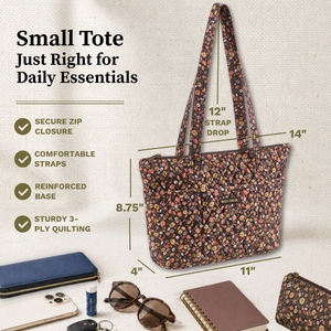 Callout image showing dimensions 11" x 8.75" x 4", 12-inch strap drop, 6 exterior pockets, lightweight 100% cotton construction.