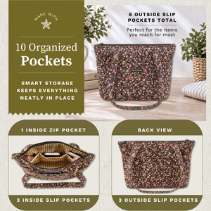 Open top-down view revealing interior with 4 inside pockets, callouts highlighting top zip closure and machine washable design.