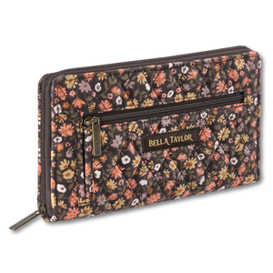 Wrist Strap Wallet front view featuring quilted floral fabric in espresso brown, golden tan, soft ivory, and dusty mauve.