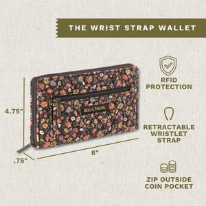 Callout image showing dimensions 8" x 4.75" x 0.75", RFID protection, retractable wristlet, and outside zippered coin pocket.