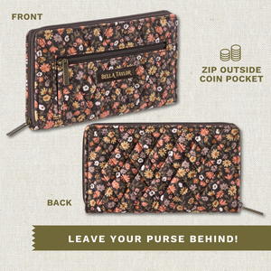 Front and back exterior views of the Wrist Strap Wallet showing outside zip coin pocket.
