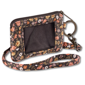 ID Lanyard front view featuring quilted floral fabric in espresso brown, golden tan, soft ivory, and dusty mauve.