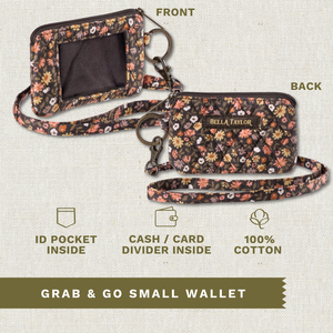 Front and back exterior views with callouts identifying ID pocket, interior cash & card divider. Made with lightweight 100% cotton.
