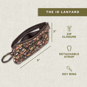 Callout image showing dimensions 3" x 5", detachable strap, zip closure & key ring.