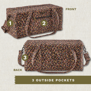 Front and back exterior views with numbered callouts identifying all 3 outside pockets.
