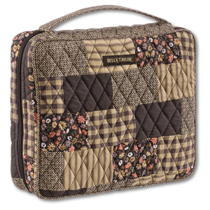 Bible Cover front view featuring quilted patchwork fabric in espresso brown, golden tan, soft ivory, and dusty mauve.