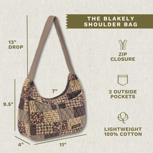 Callout image showing dimensions 11" x 9.5" x 4", 13" strap drop, 2 exterior pockets, lightweight 100% cotton construction.
