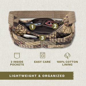 Open top-down view revealing interior with 3 inside pockets. Callouts highlighting top zip closure and machine washable design.