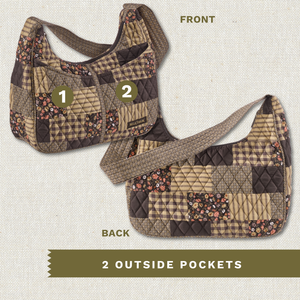 Front and back exterior views with numbered callouts identifying all 2 outside pockets.