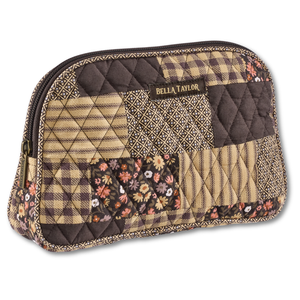 Cosmetic Pouch front view featuring quilted patchwork fabric in espresso brown, golden tan, soft ivory, and dusty mauve.