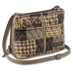 Essentials Wallet Crossbody front view featuring quilted patchwork fabric in espresso brown, golden tan, soft ivory, and dusty mauve with 3 total pockets.