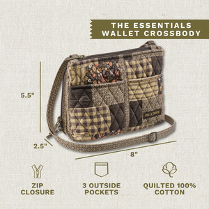 Callout image showing dimensions 8" x 5.5" x 2.5", adjustable strap, 3 exterior pockets, lightweight 100% cotton construction.