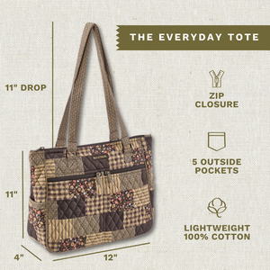 Callout image showing dimensions 12" x 11" x 4", 11" strap drop, 5 exterior pockets, lightweight 100% cotton construction.