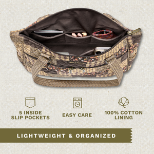 Open top-down view revealing interior with 5 inside pockets. Callouts highlighting top zip closure and machine washable design.