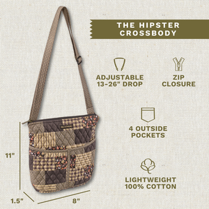 Callout image showing dimensions 8" x 11" x 1.5", adjustable strap, 4 exterior pockets, lightweight 100% cotton construction.