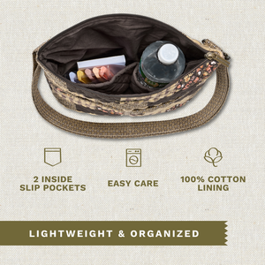 Open top-down view revealing interior with 2 inside pockets. Callouts highlighting top zip closure and machine washable design.
