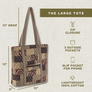Callout image showing dimensions 13" x 13" x 5", 13" strap drop, 3 exterior pockets, lightweight 100% cotton construction.
