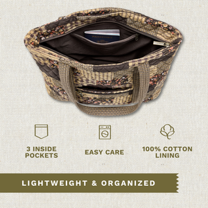 Open top-down view revealing interior with 3 inside pockets. Callouts highlighting top zip closure and machine washable design.