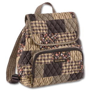 Mini Backpack front view featuring quilted patchwork fabric in espresso brown, golden tan, soft ivory, and dusty mauve with main compartment & front zip pocket.