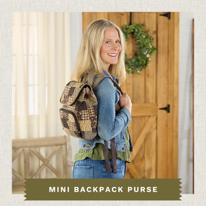 Front-view of woman carrying Mini Backpack highlighting quilted patchwork fabric, adjustable backpack straps, and lightweight 100% cotton construction.