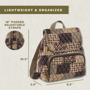 Callout image showing dimensions 10.5" x 9.5" x 3.5", adjustable straps, exterior zip pocket, and lightweight 100% cotton construction.
