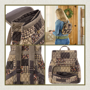 Four-image collage showing a woman wearing a mini backpack, top snap closure, padded adjustable straps, and an open front zip pocket.