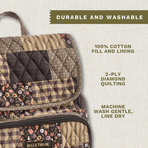 Callouts highlighting 100% cotton fill and lining, two-ply diamond quilting, and machine-washable design.