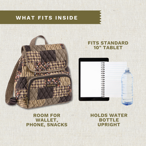 Callouts highlighting mini-backpack storage capacity for a wallet, phone, snacks, water bottle, and 10-inch tablet.