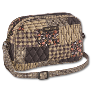 Simple Crossbody front view featuring quilted patchwork fabric in espresso brown, golden tan, soft ivory, and dusty mauve with top zip closure, and 3 total pockets.
