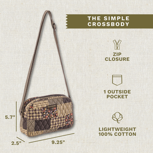 Callout image showing dimensions 9.25" x 5.7" x 2.5", adjustable strap, 1 exterior pocket and lightweight 100% cotton construction.