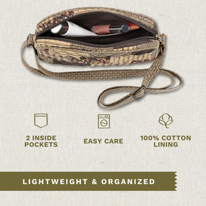 Open top-down view revealing interior with 2 inside pockets. Callouts highlighting top zip closure and machine washable design.