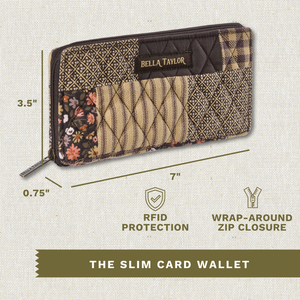 Callout image showing dimensions 7" x 3.5" x 0.75", RFID protection and secure wrap-around zipper.