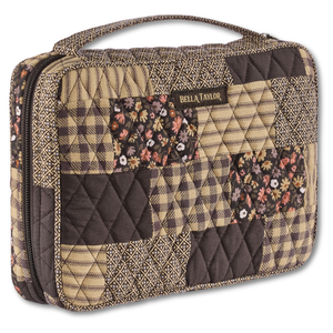 Small Bible Cover front view featuring quilted patchwork fabric in espresso brown, golden tan, soft ivory, and dusty mauve.