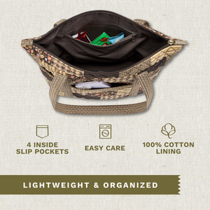 Open top-down view revealing interior with 4 inside pockets. Callouts highlighting 6 outside pockets and machine washable design.