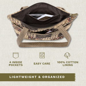 Open top-down view revealing interior with 4 inside pockets, callouts highlighting top zip closure and machine washable design.