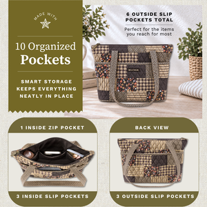 Open top-down view revealing interior with 4 inside pockets, callouts highlighting top zip closure and machine washable design.