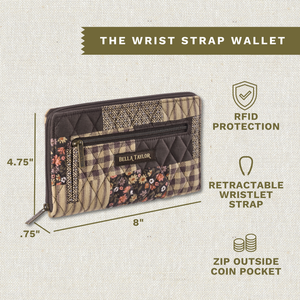 Callout image showing dimensions 8" x 4.75" x 0.75", RFID protection, retractable wristlet, and outside zippered coin pocket.