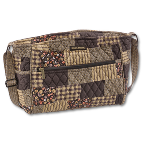 Claire front view featuring quilted patchwork fabric in espresso brown, golden tan, soft ivory, and dusty mauve with top zip closure, and 8 total pockets.