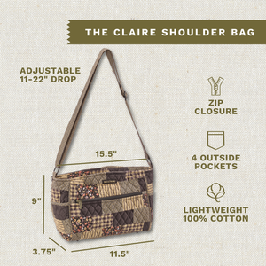 Callout image showing dimensions 12" x 9.25" x 3.5", adjustable strap, 4 exterior pockets, lightweight 100% cotton construction.