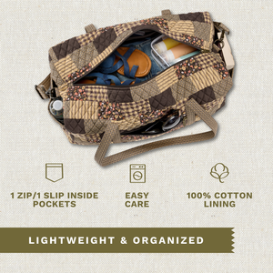 Open top-down view revealing interior with 2 inside pockets. Callouts highlighting 100% cotton lining and machine washable design.
