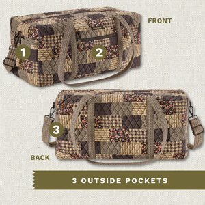 Front and back exterior views with numbered callouts identifying all 3 outside pockets.