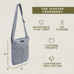 Callout image showing dimensions 8" x 11" x 1.5", adjustable strap, 4 exterior pockets, lightweight microfiber construction.