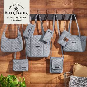 Blue Chambray collection lifestyle image featuring the full line displayed, including Hipster, Small Tote, Stride Tote.