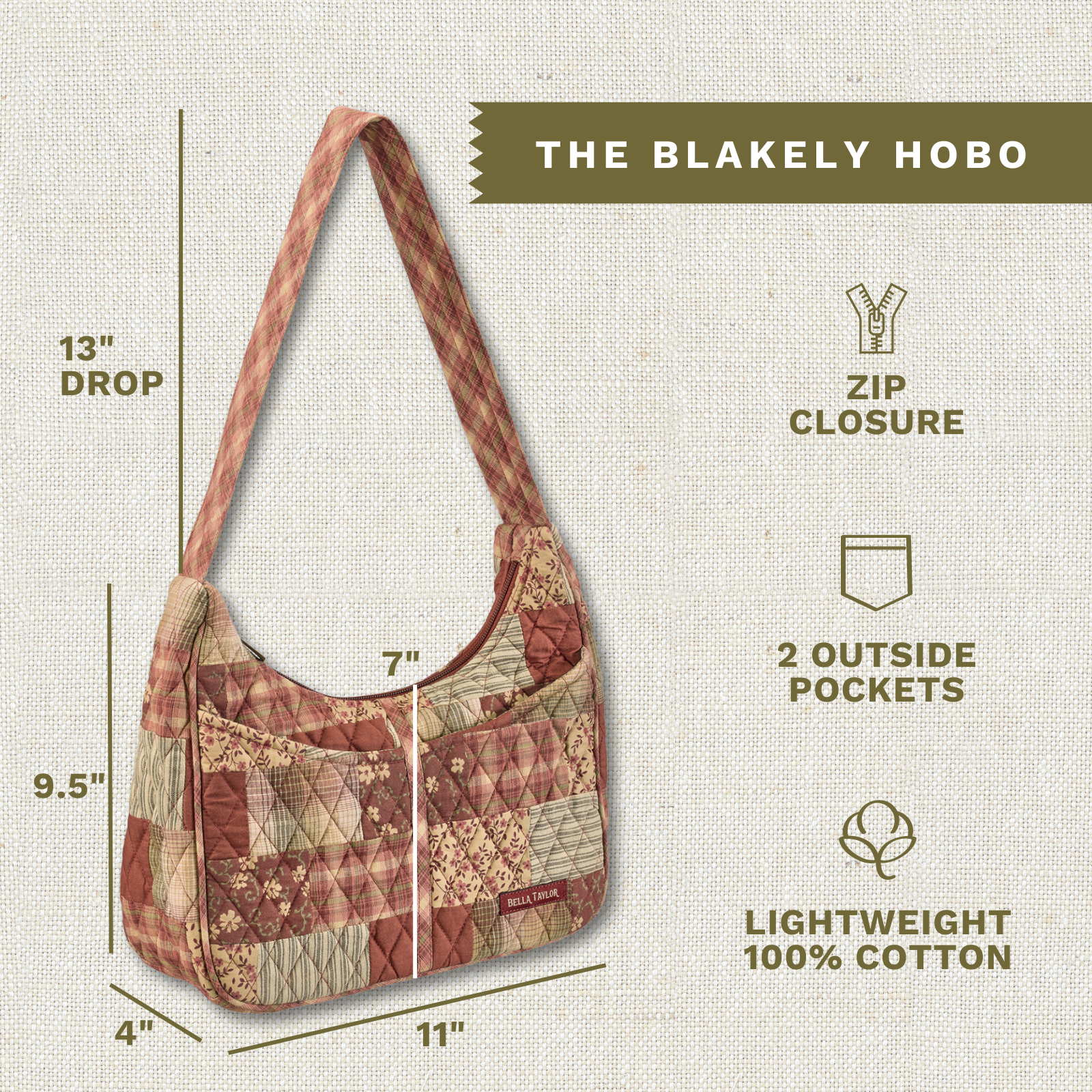 Bella Taylor Blakely Hobo Shoulder Bag – Lightweight Quilted Purse With Pockets, Khaki Patchwork