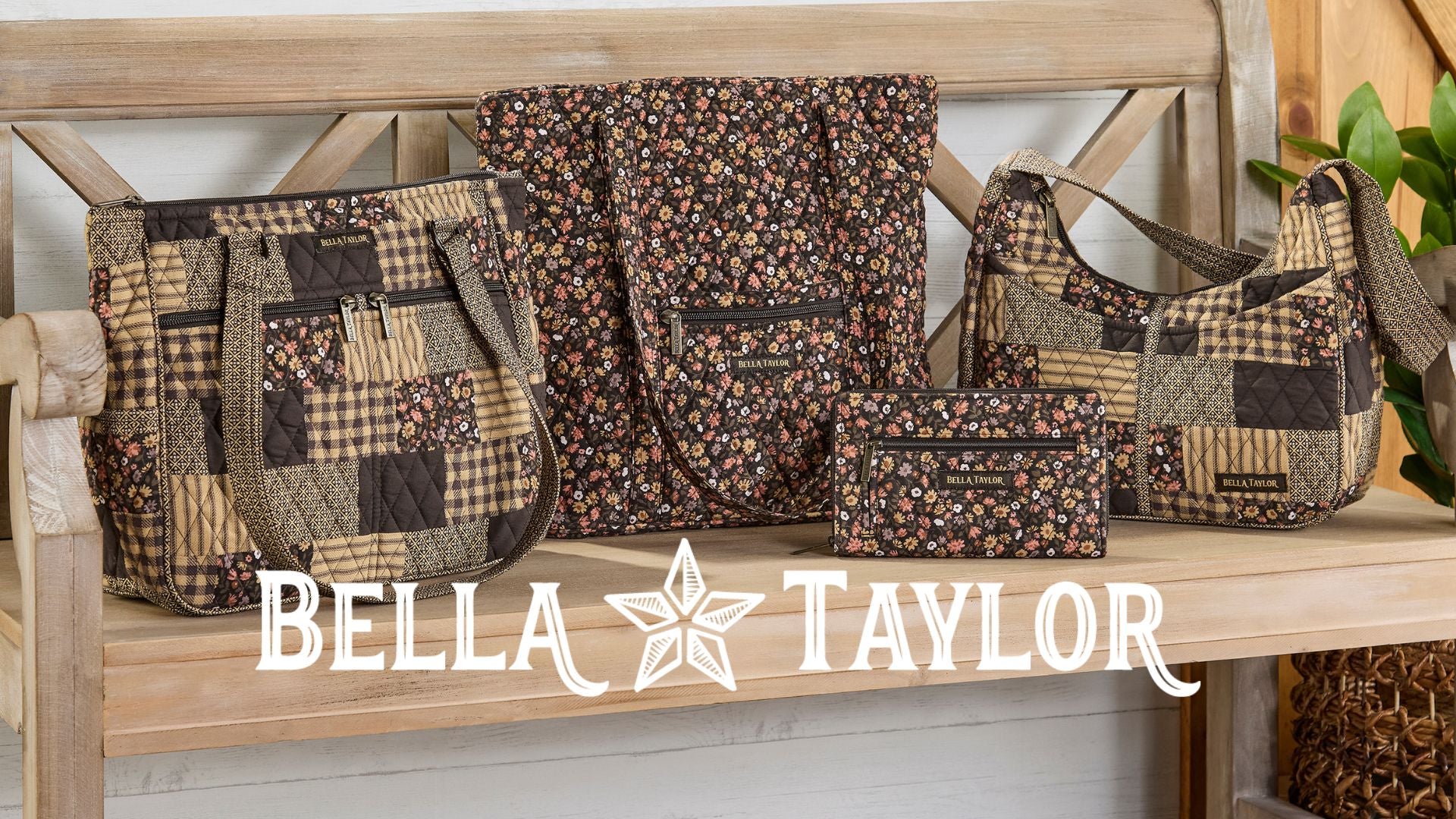 A coordinated set of Bella Taylor fabric bags and a small matching pouch displayed on a wooden bench. The set includes a large tote, a shoulder bag, a backpack, and a small zip pouch, all in patchwork and floral prints with brown, beige, and black tones.