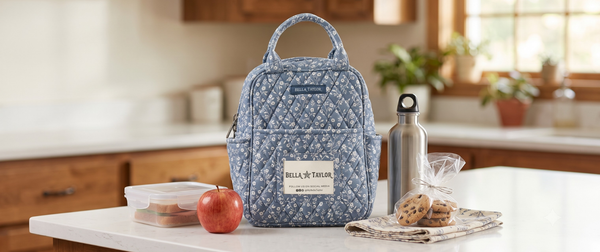 A light blue quilted lunch bag with a white floral pattern and a Bella+Canvas label stands on a kitchen counter next to an apple, a water bottle, and cookies.
