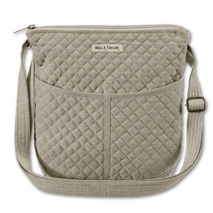 Hipster front view featuring solid khaki fabric, with top zip closure, and 6 total pockets.