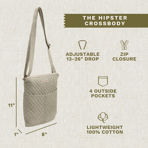 Callout image showing dimensions 8" x 11" x 1.5", adjustable strap, 4 exterior pockets, lightweight microfiber construction.